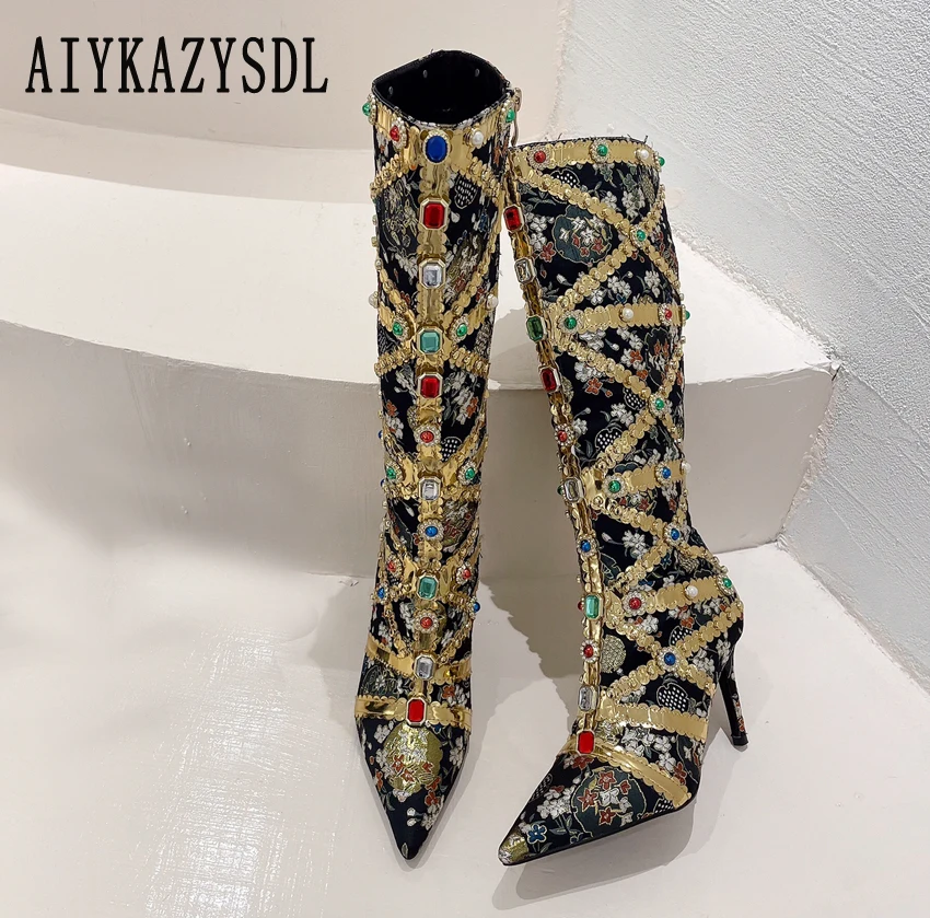 

AIYKAZYSDL Fashion Knee High Boots Women Gemstone Crystal Heels Long Boots Streetwear Clubwear Shoes Autumn Winter Woman 2023