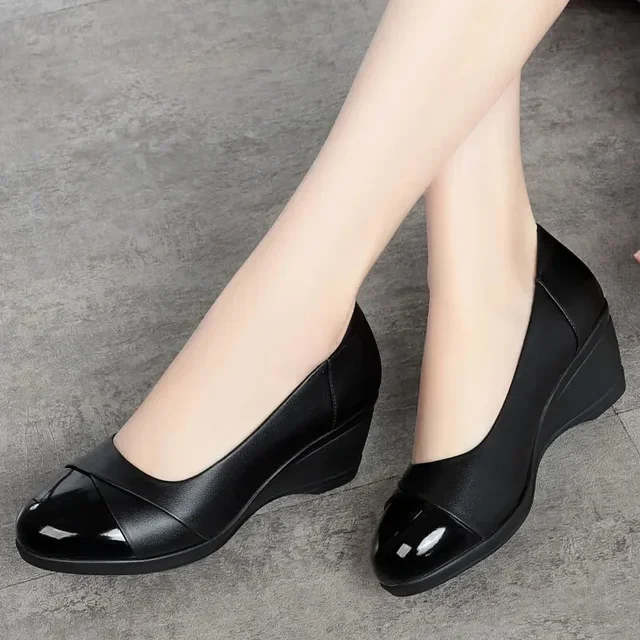 Women Fashion Light Weight Wedge Heel Comfort Spring & Autumn Shoes Lady Casual Sweet Home & Outside Black Leather Pumps E1419 2