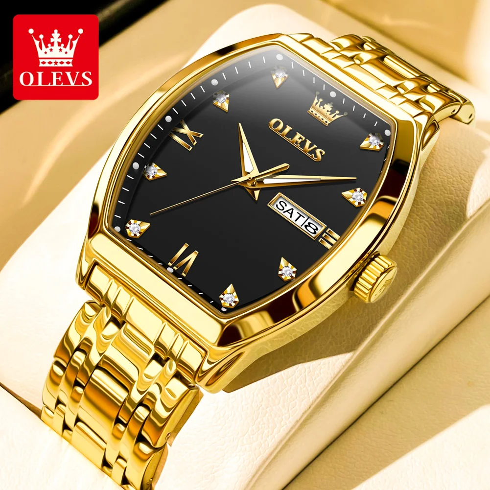 

OLEVS Mens Watches Top Brand Luxury Gold Tonneau Dial Quartz Watch Men Stainless Steel Waterproof Wristwatches Relogio Masculino