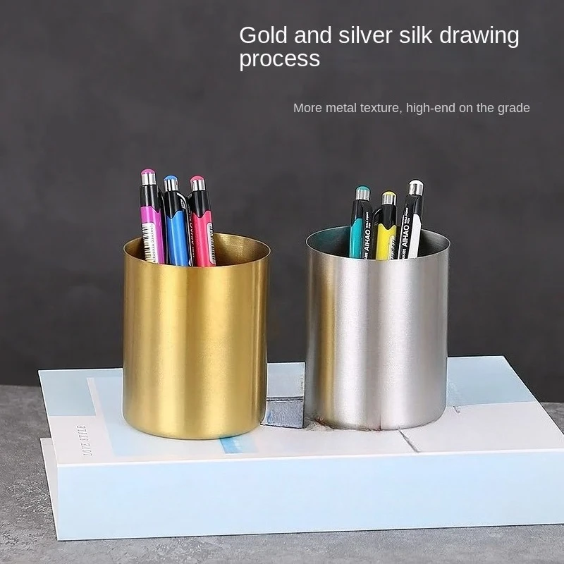Stainless Steel Circular Pen Holder Nordic Desktop Ornament Golden Vase Stationery Makeup Brush Storage 1