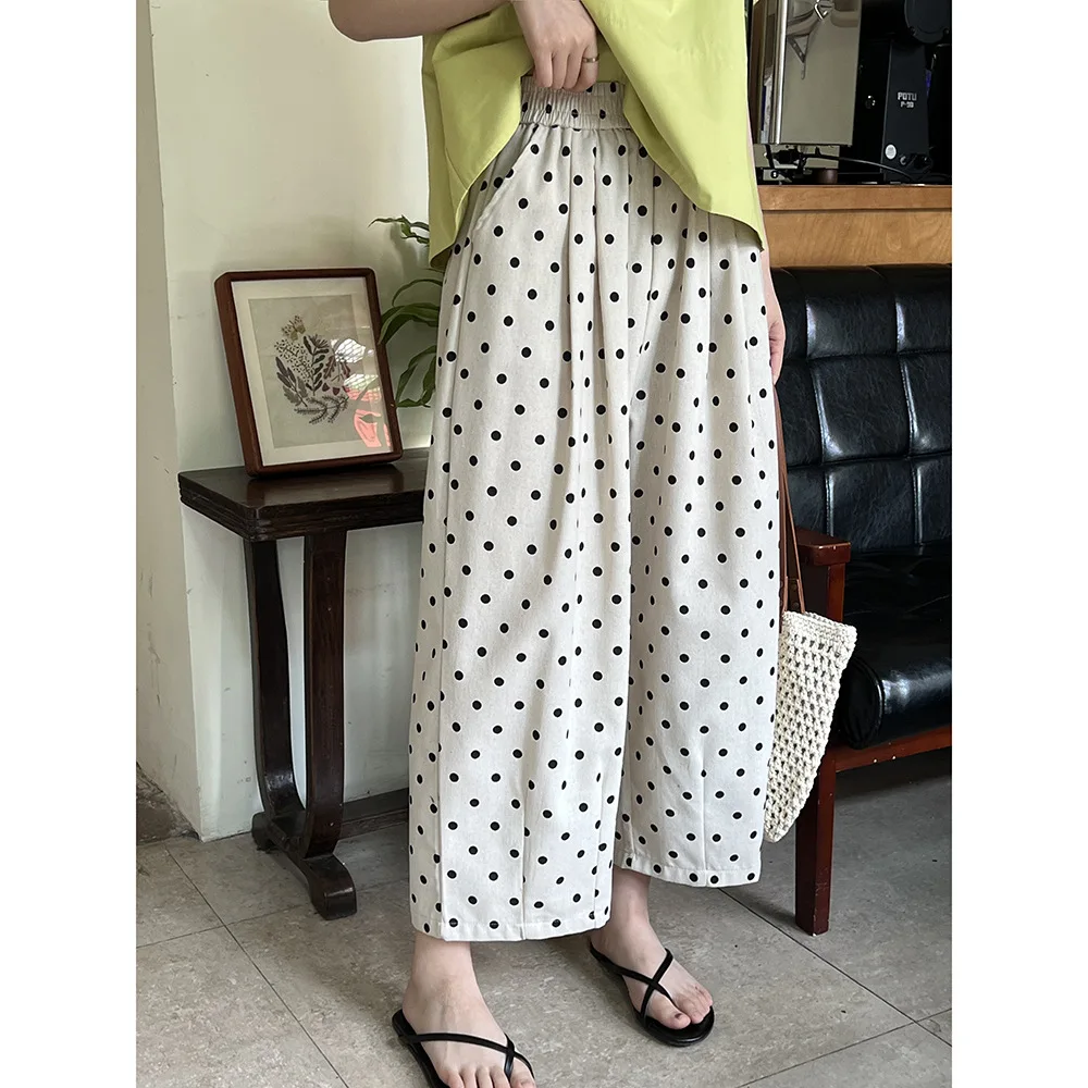 Women Clothing Polka Dot Loose Wide-leg Pants 2024 Summer New Fashionable High-waisted Straight Leg Full Length Casual Pants
