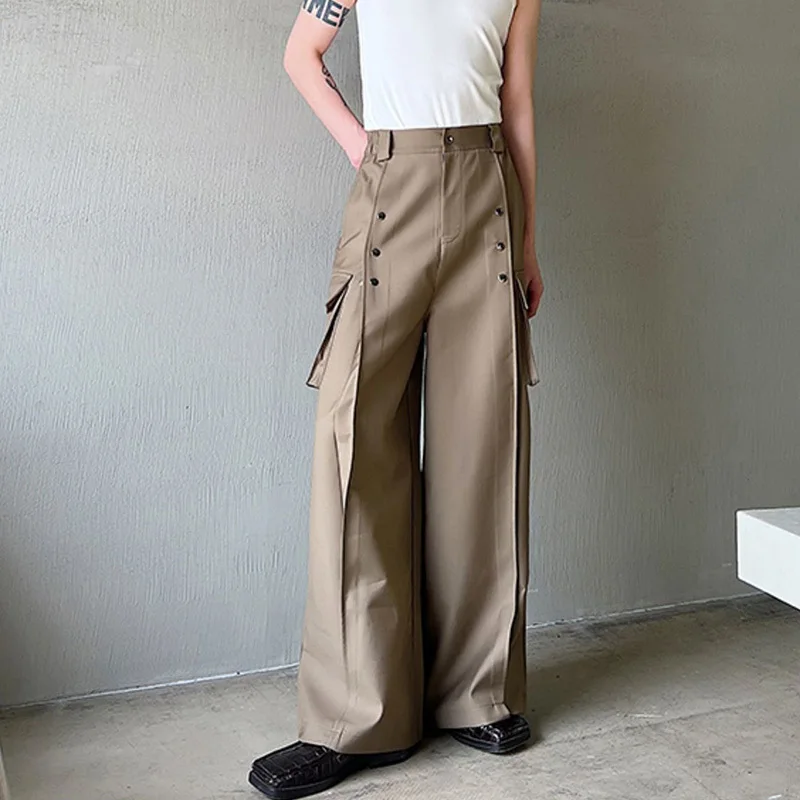 IEFB Men's Casual Wide Leg Trousers Korean Style 2023 New High Waist Metal Piece Pocket Decoration Fashionable Pants 9A2104 2