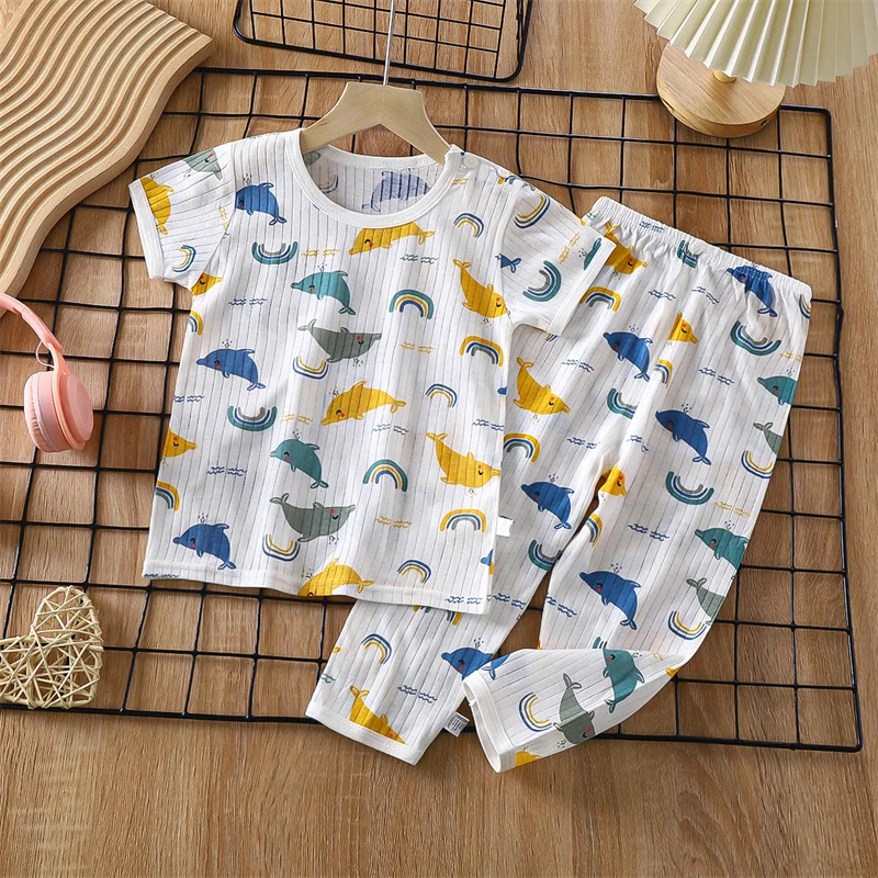 

2024 Summer New Children Home Set Boys Girls Long-sleeved Pajamas Thin Section Kids clothing Baby Clohtes Cartoon Rural Design