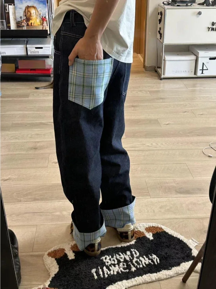 ADAgirl Baggy Plaid Jeans Pants Women Retro Harajuku Letter