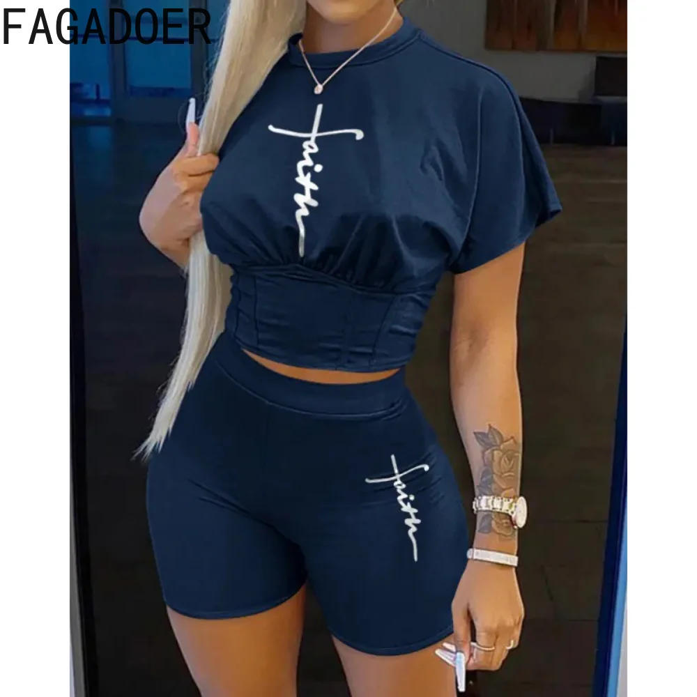 

FAGADOER Women's Tracksuit 2023 Summer Two Piece Set Outfits Vintage Print Corset Crop Top and Shorts Sets Casual Streetwear
