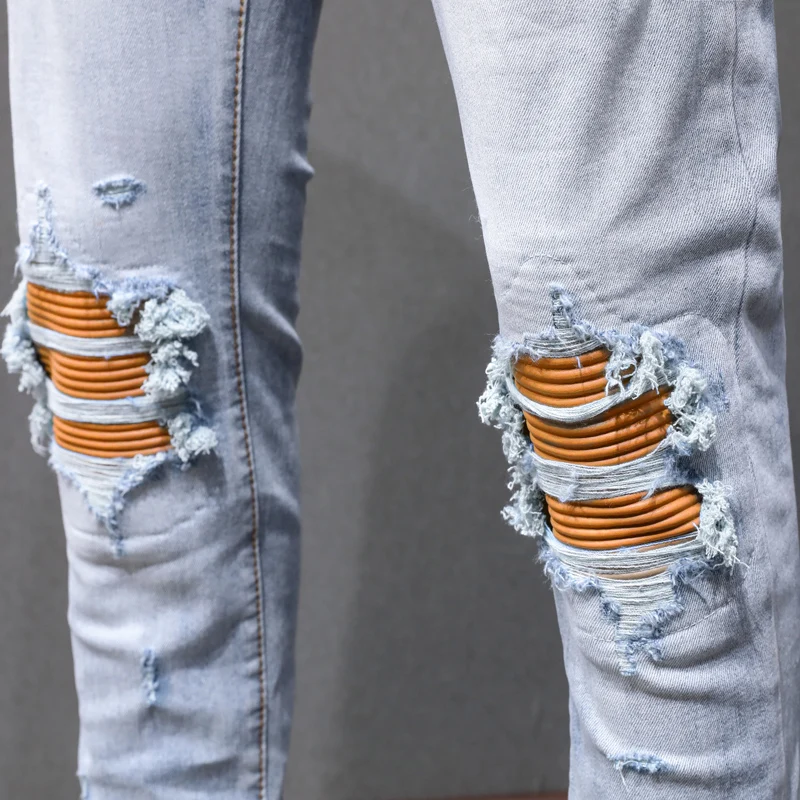Street Fashion Men Jeans Retro Light Blue Elastic Skinny Fit Ripped Jeans Men Hole Leather Patched Designer Hip Hop Brand Pants