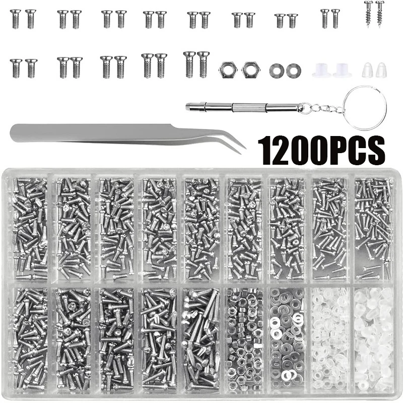 1200pcs Glasses Screws With Screwdriver Tweezers  Repair Kit Complete Glasses Screws Mini Screws Screws for Glasses