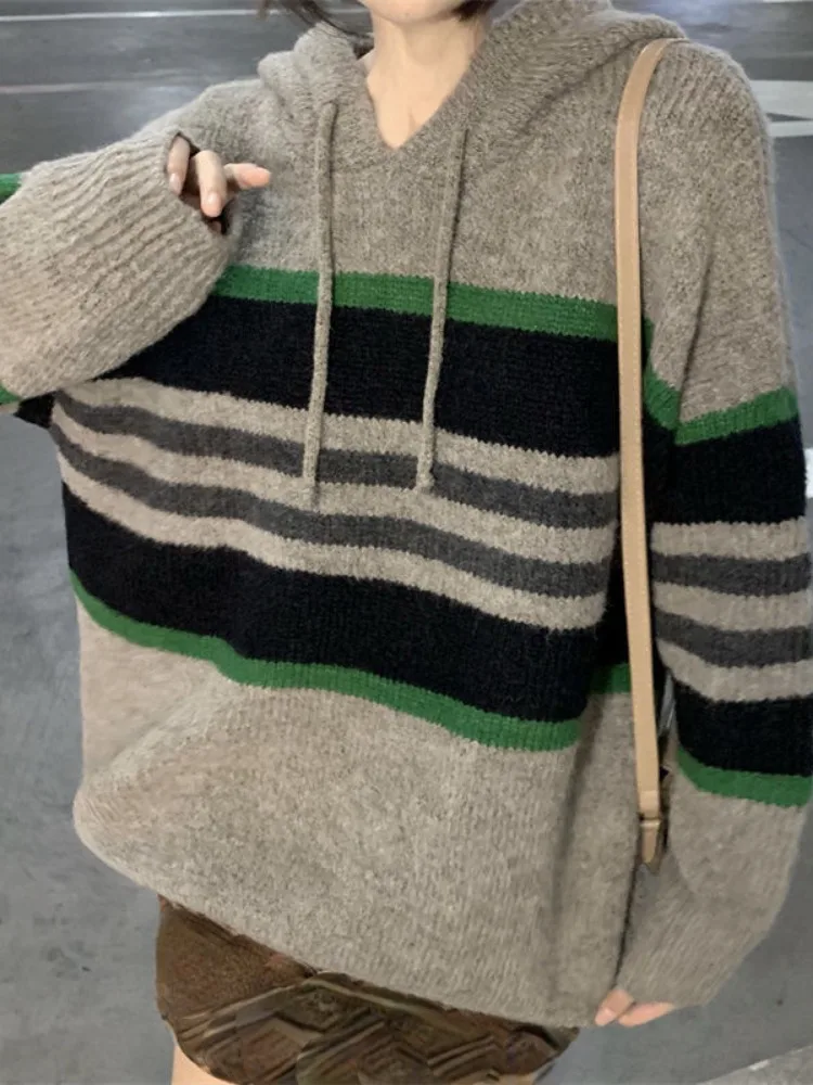 

Harajuku Fashion Loose Knitted Jumper Streetwear Y2k Aesthetic Striped Pullover Vintage Loose Grunge Knitted All Match Sweater