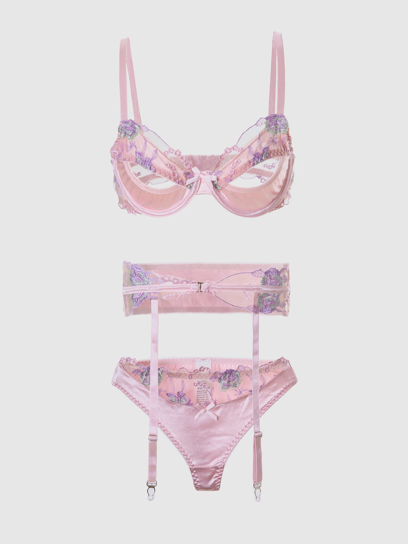 Pink Floral Embroidered Lingerie Set - Sheer Mesh & Satin Luxury Lingerie with Garter Belt, Romantic Vintage Style Intimates for