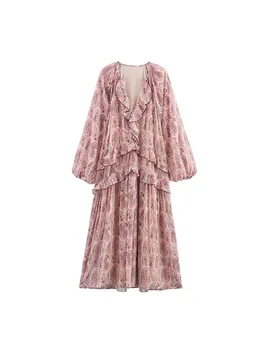 2025 Abito MIDI estivo da donna Stampa vintage in chiffon con scollo a V Volant a cascata Manica lunga Abiti da strada eleganti femminili Abbigliamento 1