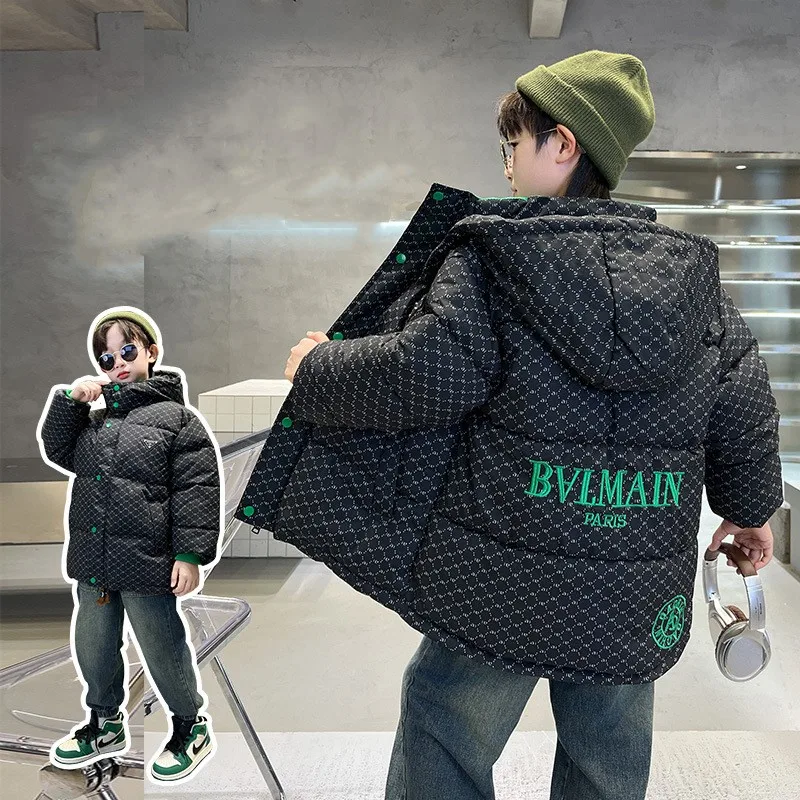 Winter Boys Cotton All-Over Print Hooded Zip Long Puff Jackets School Kids Windbreaker Parka Child Coat Outfit Tops 5-16 Yr