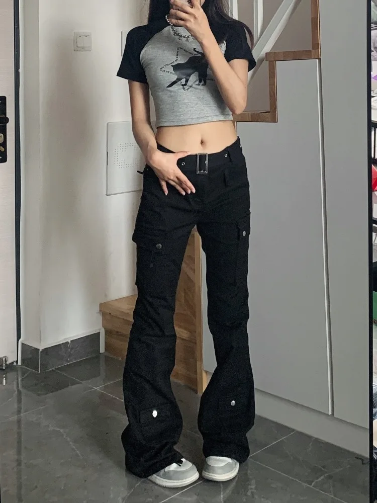 HOUZHOU Punk Gothic Black Cargo Pants Women Y2K Cyber Flare Jeans Multy Pockets Vintage 90s Streetwear Denim Pants High Street