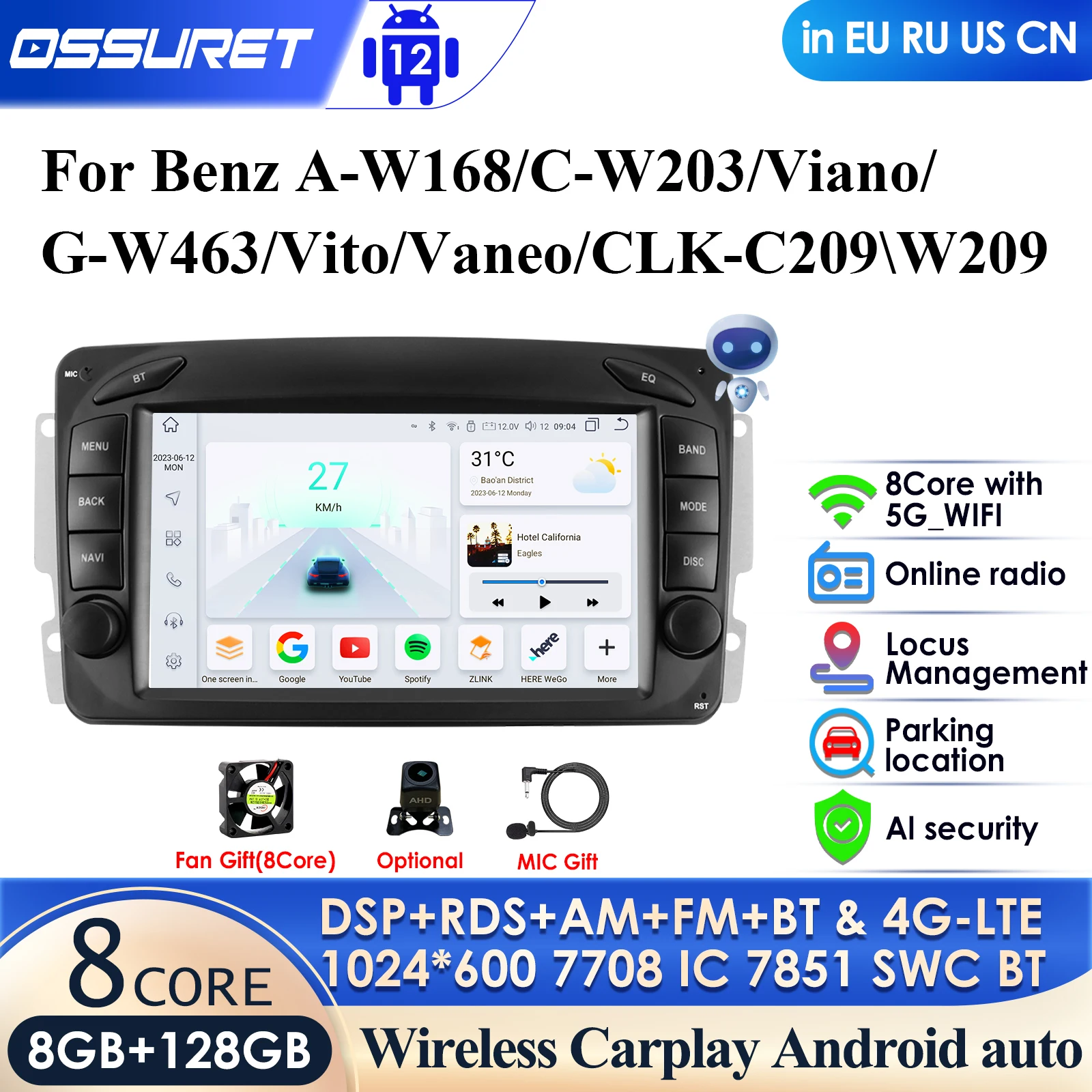 

Wireless Carplay 4G 2Din Android Car Multimedia Player for Mercedes Benz CLK W209 W203 W463 W168 Stereo Radio GPS Navi Head Unit