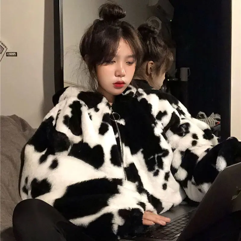 

Плюшевая Женская куртка, модная винтажная флисовая зимняя одежда с коровьим принтом, женское свободное универсальное пальто, женская одежда, куртки, топы