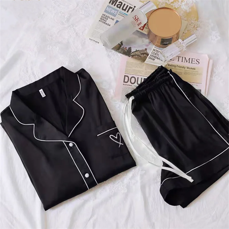 Ling 2pcs Womens Ice Silk Pajamas Set Heart Print  Female Loungewear Cardigan Home Clothes Sleepwear PajamasSummer Short Sleeve