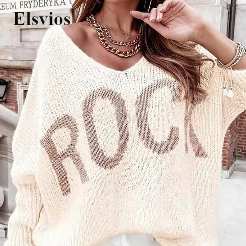 

Sexy V Neck Batwing Sleeve Knit Jumper Pullover Autumn Winter Casual Loose Top Sweater Women Fashion ROCK Letter Knitted Sweater