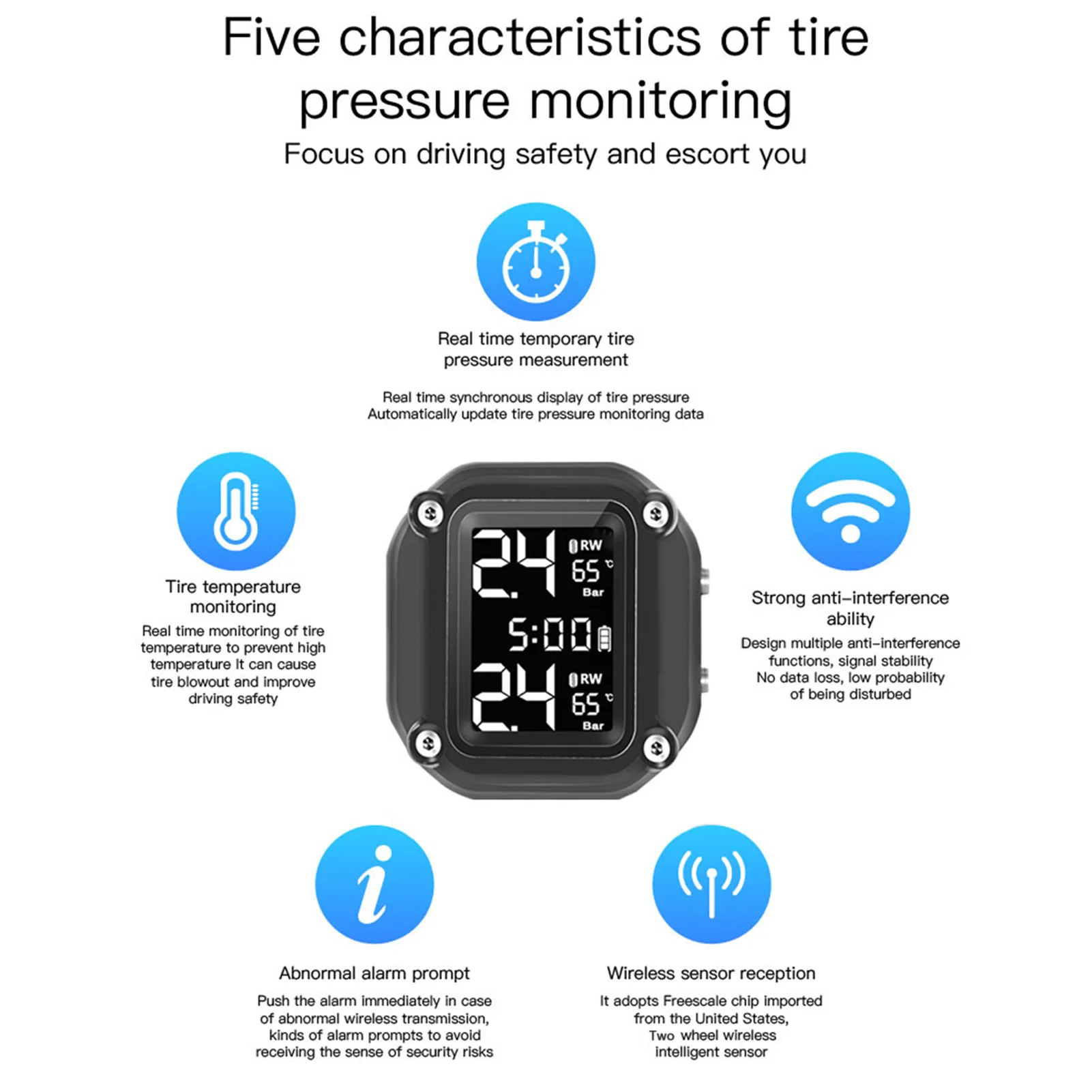 Motorcycle Wireless Tire Pressure Monitoring System USB Charging TPMS for Motorcycle with 2 External Sensors Digital LCD Display