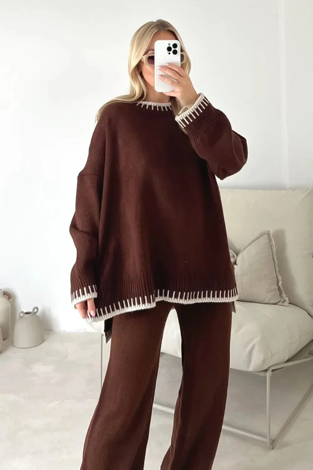 2024 Women's Striped Elegant Knitted Home Suit, Split Sweater Top, Elastic High Waist Straight Pants Pieces SetAutum Winter