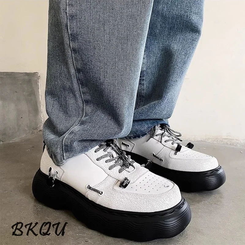 BKQU Commuter Boys Inside Increase Thick Soled Daddy Men Casual British Style Derby Shoes Big Head Korean Version of The Tide
