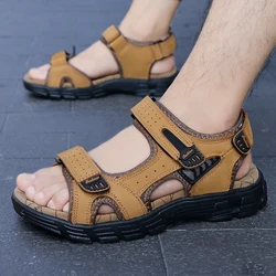 Brand Classic Men's Genuine Leather Outdoor Sandals - Lightweight and Fashionable Summer Footwear - 45 (Yellow)