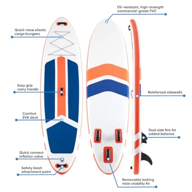 Inflatable Stand Up Paddle Board for outdoor water sports, PVC + drop-stitch material, blue-gray color, wide stable design with