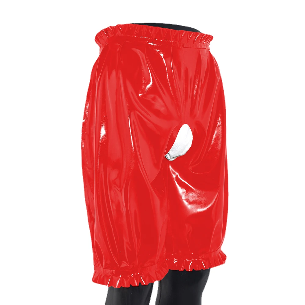Mens Sexy Open Crotch Shiny PVC Leather Knee-Length Bloomers Pants Male High Waist Crotchless Loose Shorts Sissy Exotic Clothing