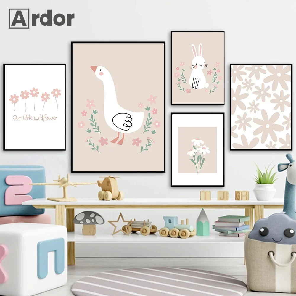 

Nordic Cartoon Aesthetics Wall Art Pink Rabbit Flower Name Custom Nursery HD Oil on Canvas Poster Home Girl Bedroom Decor Gifts