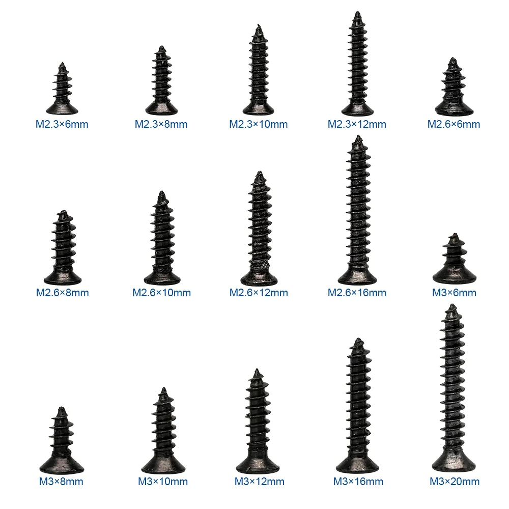 Cross Flat Head Tapping Screws Kit M1.2 M1.4 M1.5 M1.7 M2 M2.3 M2.6 M3 Carbon Steel Black Phillips 450/1200pcs