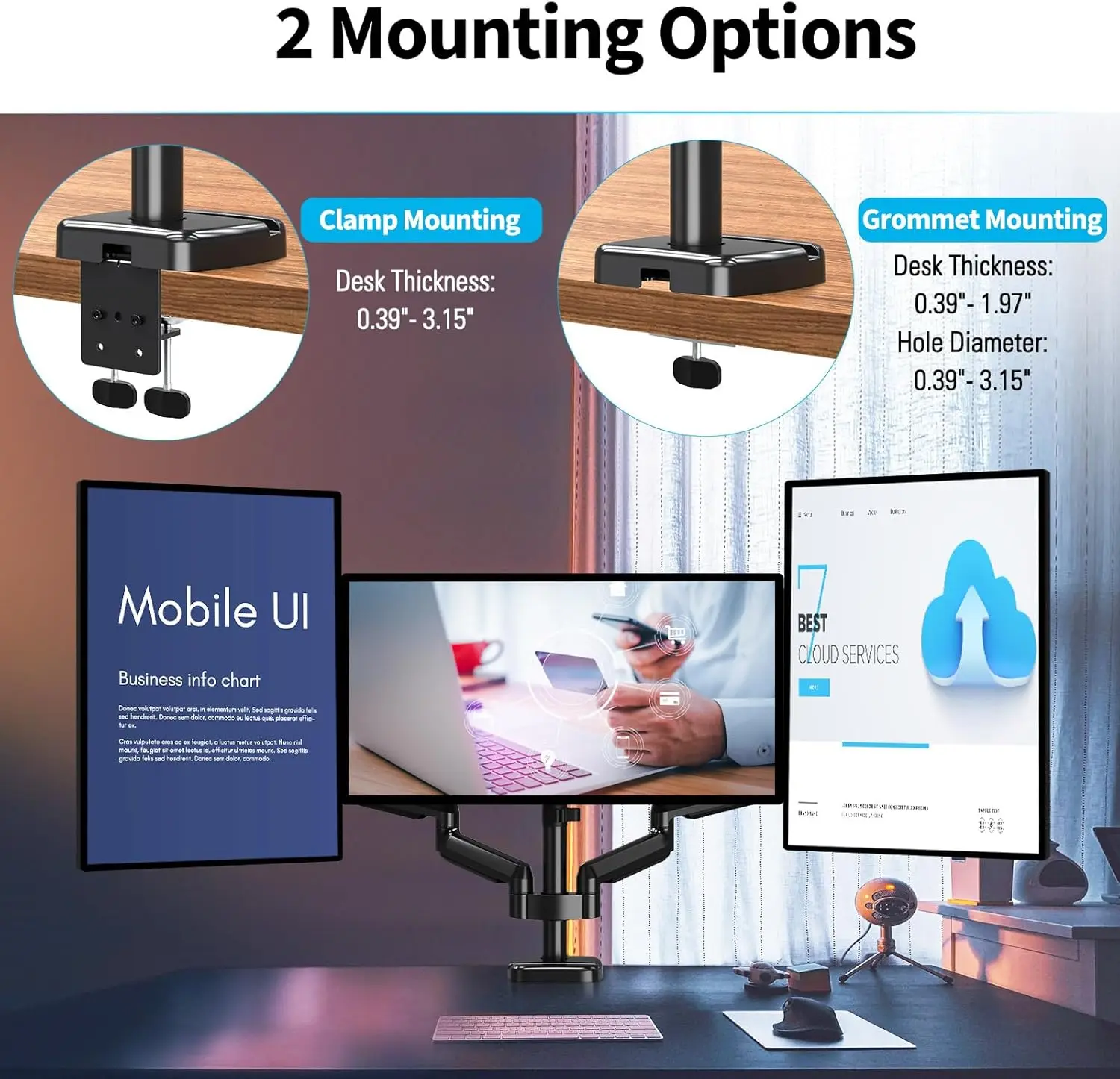 Triple Monitor Mount, Three Monitor Desk Mount for Max 27 inch Computer Screens, Triple Monitors Stand with Gas Spring, Monitors