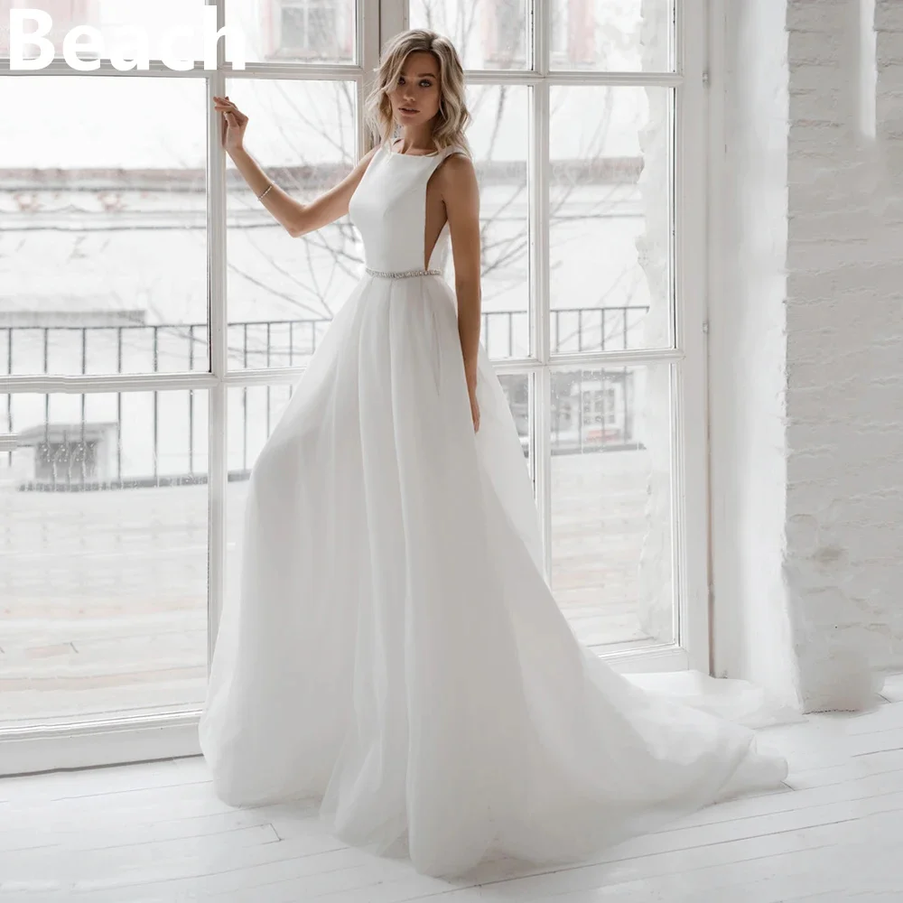 

Элегантное пляжное свадебное платье с квадратным вырезом, трапециевидной формы, без рукавов, атласное женское платье с поясом с бисером