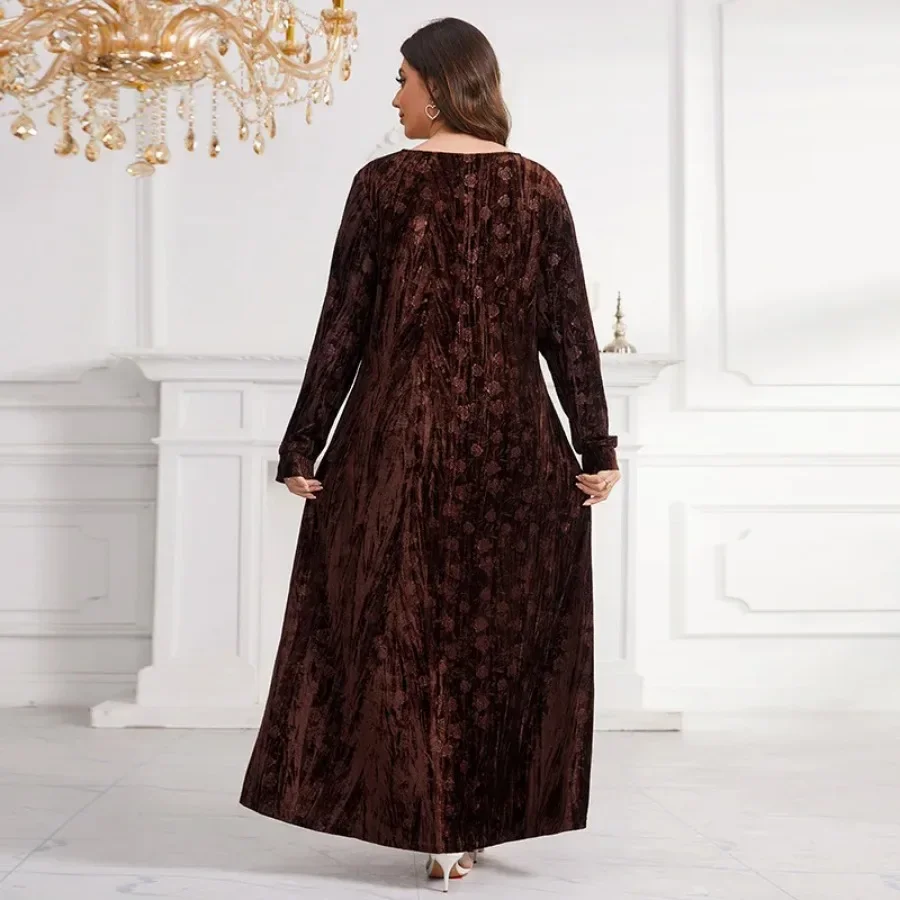 Abayas for Women Dubai 2024 Fashion Muslim Women Long Sleeve O-neck Velvet Plus Size Long Maxi Dress Muslim Fashion Abaya