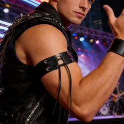 Men's Black Faux Leather Gothic Arm Band Bracelet - Handmade Jewelry - Adjustable (Style 1)