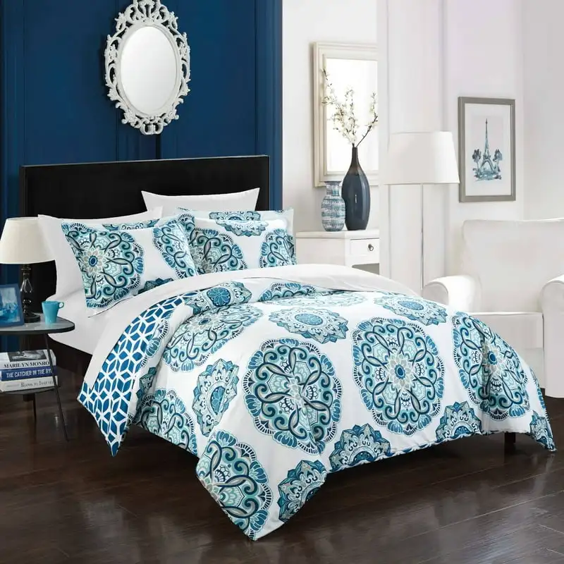 

3-Piece Reversible Abstract Duvet Cover Set, Full/Queen, Blue пододеяльник евро × Hotel duvet covers set cotton