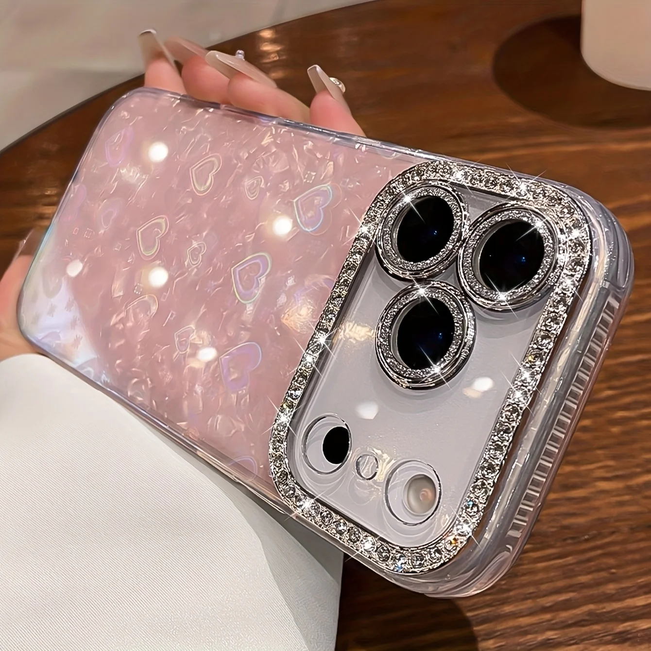 Elegante Glitzer-Kristall-Liebes-Laser-Shell-Muster-Telefonhülle für iPhone 17, Air 16, 15, 14, Plus, 13, 12, Pro Max, weiche Linsenfolie – Detail 5