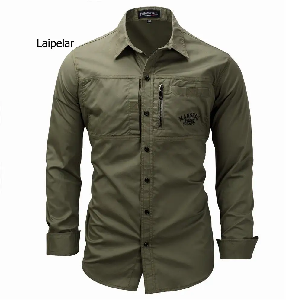 

Fashion Mens Shirts 2021 Casual Slim Fit 100% Cotton Koszula Long Sleeves Military Men Zip Shirt Camisa Masculina Para Hombre