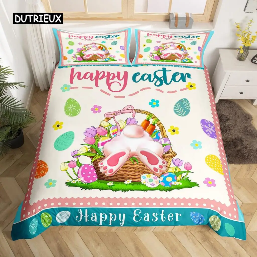 

Easter Rabbit Tail Comforter Cover Pastel Pink Tulip Flowers Duvet Cover Twin Easter Eggs Kawaii Animal Bedding Set Easter Decor