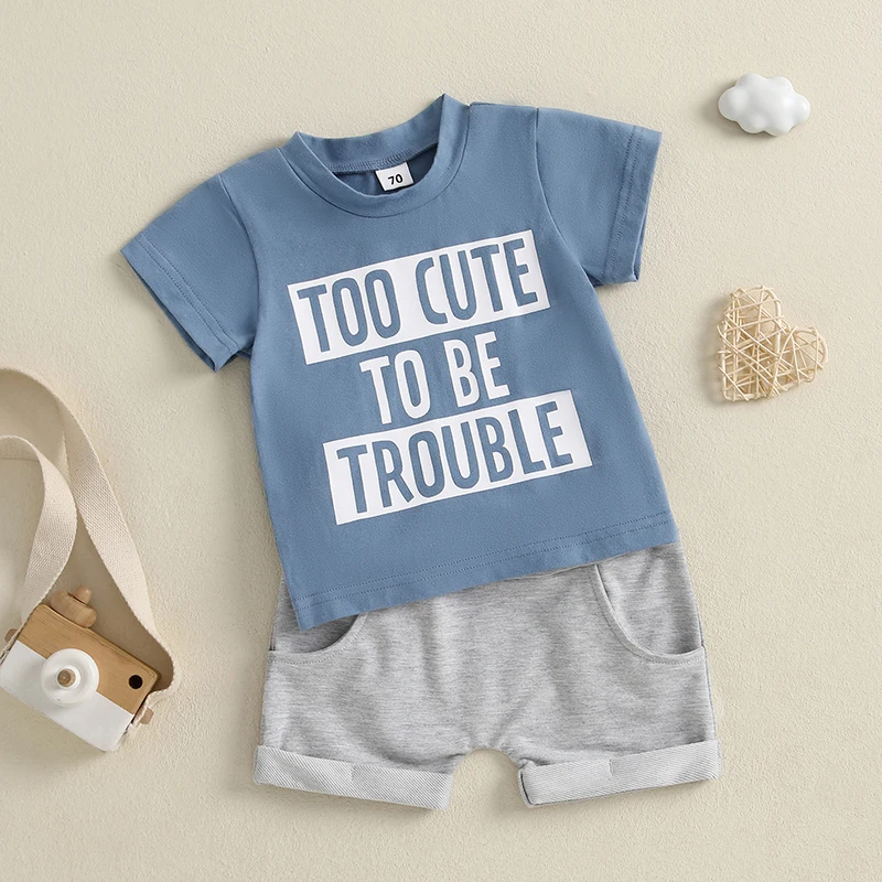 0-3Years Toddler Infant Boys Summer Shorts Sets Casual Short Sleeve O Neck Letter Print Tops and Solid Color Shorts Baby Clothes