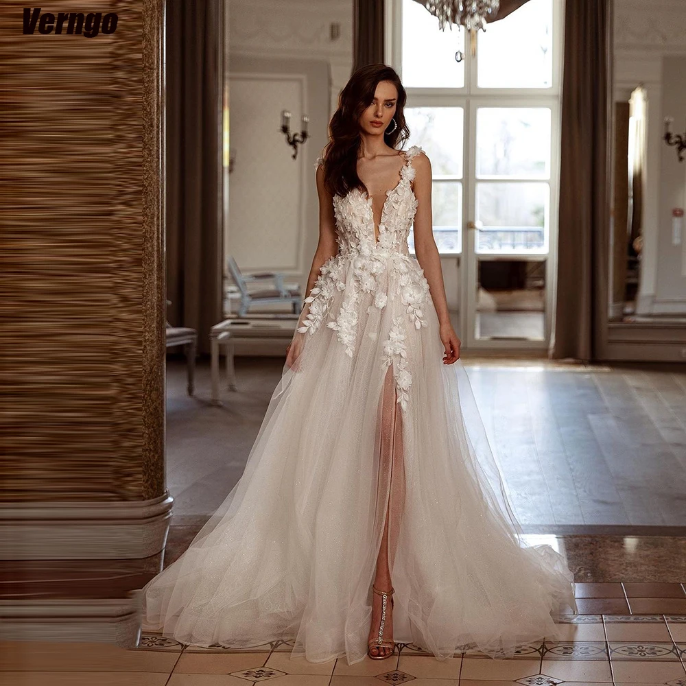 

Verngo Elegant A-line Boho Wedding Dresses Sleeveless 3D Flower Bridal Gowns Tulle Split Shiny Bride Dress Vestidos De Novia
