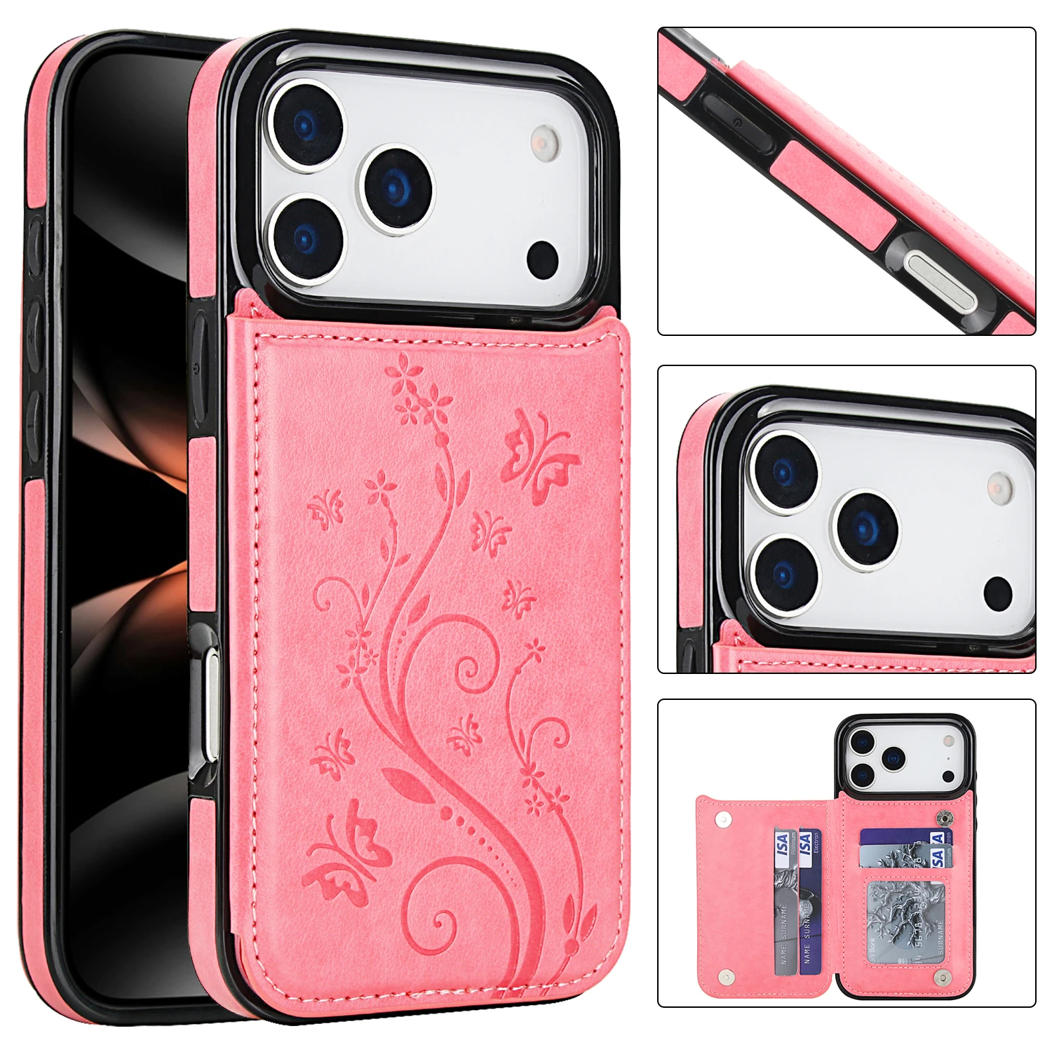 Elegant Butterfly Press Leather Wallet Case with Double Buckle Stand and Card Holder