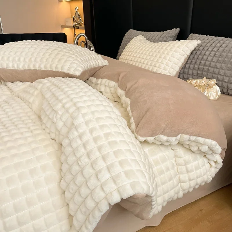 

High-end Artificial Rabbit Velvet Autumn Winter Bedding Set Warm Cozy Warmth Duvet Cover Set Grade A Soft Plush Quilt Cover Sets