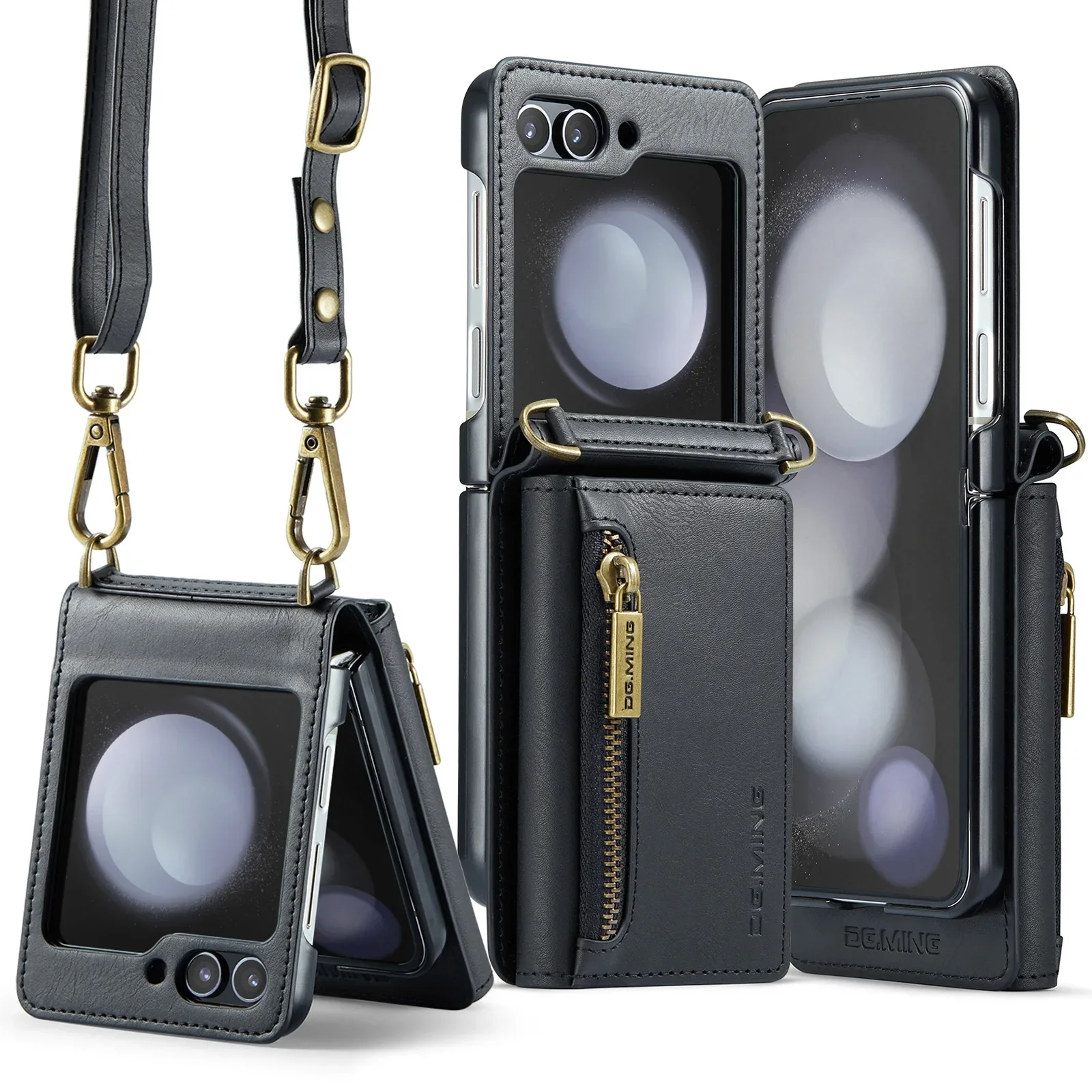 Crossbody Leather Wallet Case with Card Slot and Zipper Lanyard
