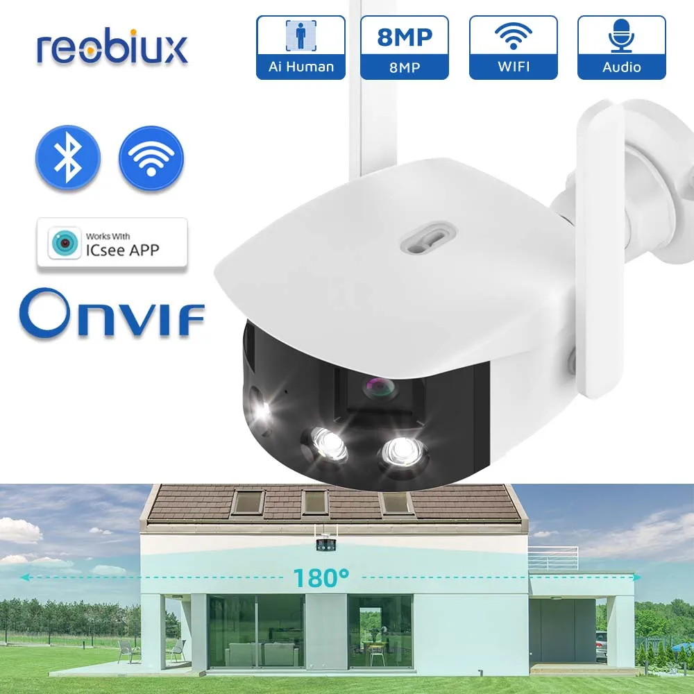 Reobiux Wifi Telecamera Panoramica 8Mp 180 ° Wide Dual Lens Ip Cam Sorveglianza Esterna Telecamera Cctv Protezione Di Sicurezza Domestica Cam Icsee