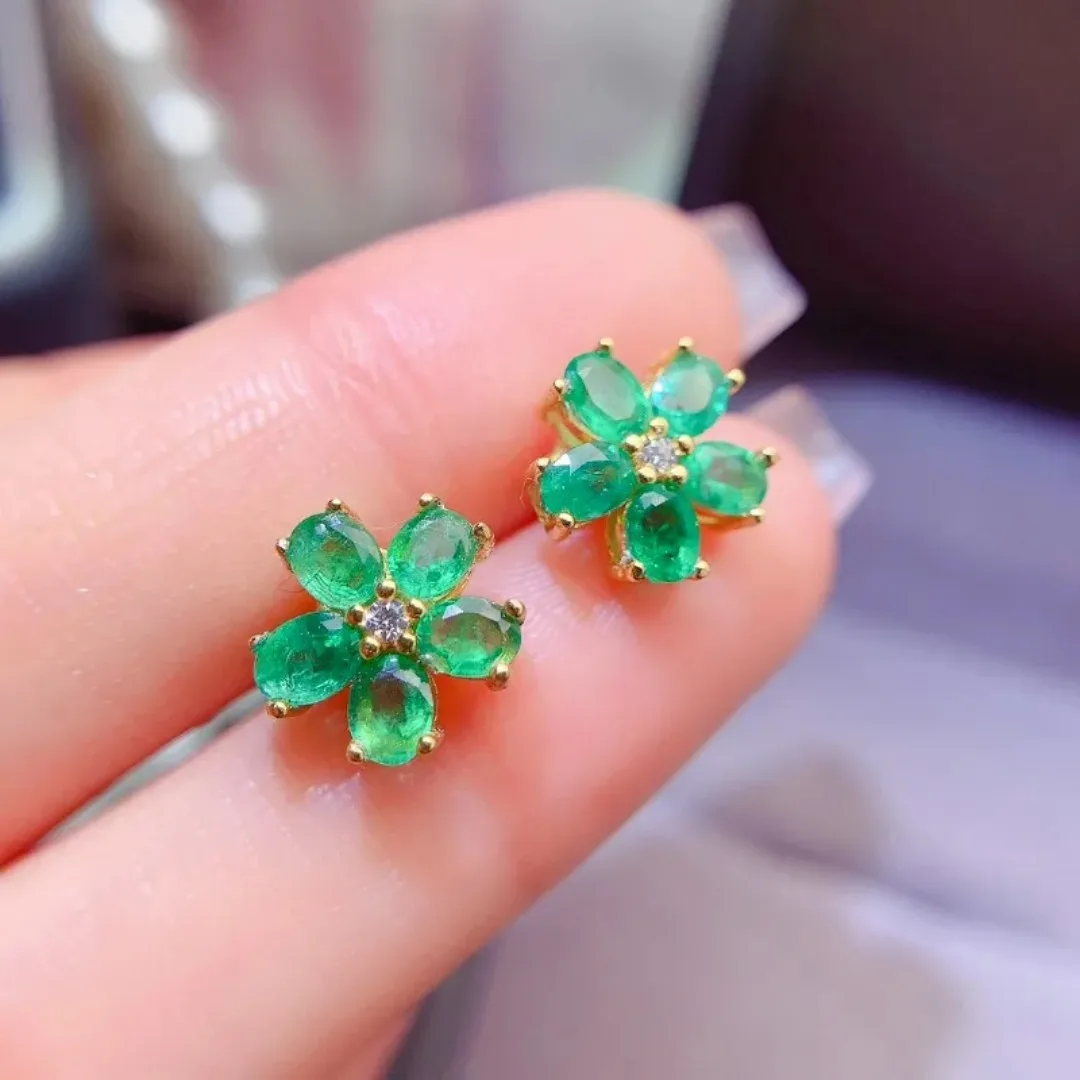 Natural Emerald Flower Design Earrings - Detail View
