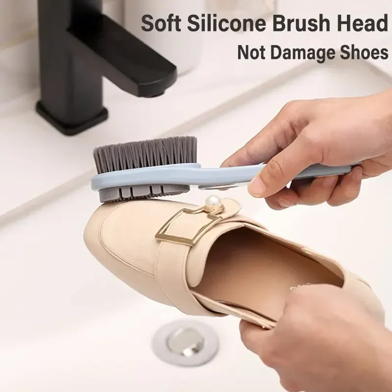Double Sided Shoe Cleaning Brush with Soft Bristles & Silicone Scrubber Long Handle for Sneakers Leather And Fabric Shoes