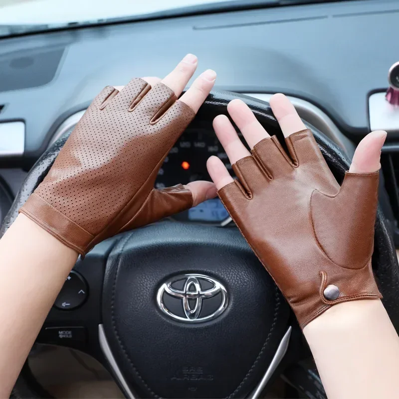 Fingerless Gloves Mens Sheepskin Half Finger Driving for Fitness Breathable Leather Sports Motorcycle