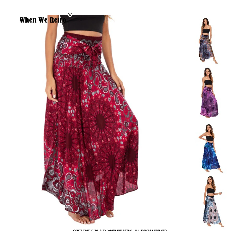 

Summer New Thai Skirt Datura Flower Print One-piece Ethnic Large Swing A Line Long Skirts Holiday Beach Dance Jupe Falda RS893