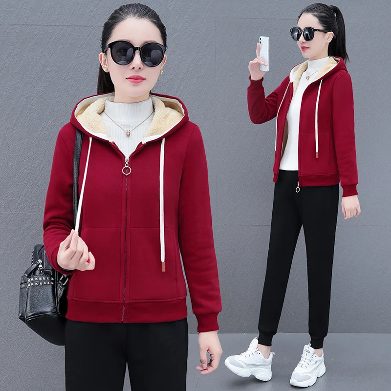 New Autumn And Winter Women'S Solid Color Fashion Hooded Thickened 2-Piece Set Female Warm Casual Loose Fit Sports Cardigan Suit