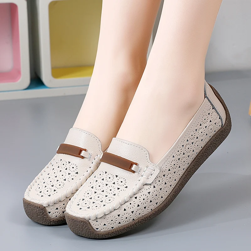 

Women's Flats 2023 Summer Breathable Hollow Slip on Casual Shoes for Women Genuine Leather Light Female Walking Shoes Loafers