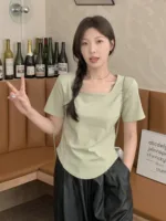 plus Size Women's Sweet Slimming ort Sve T-irt Square Collar Irregular Fibone Design Summer Commute Sle Korean Ver...