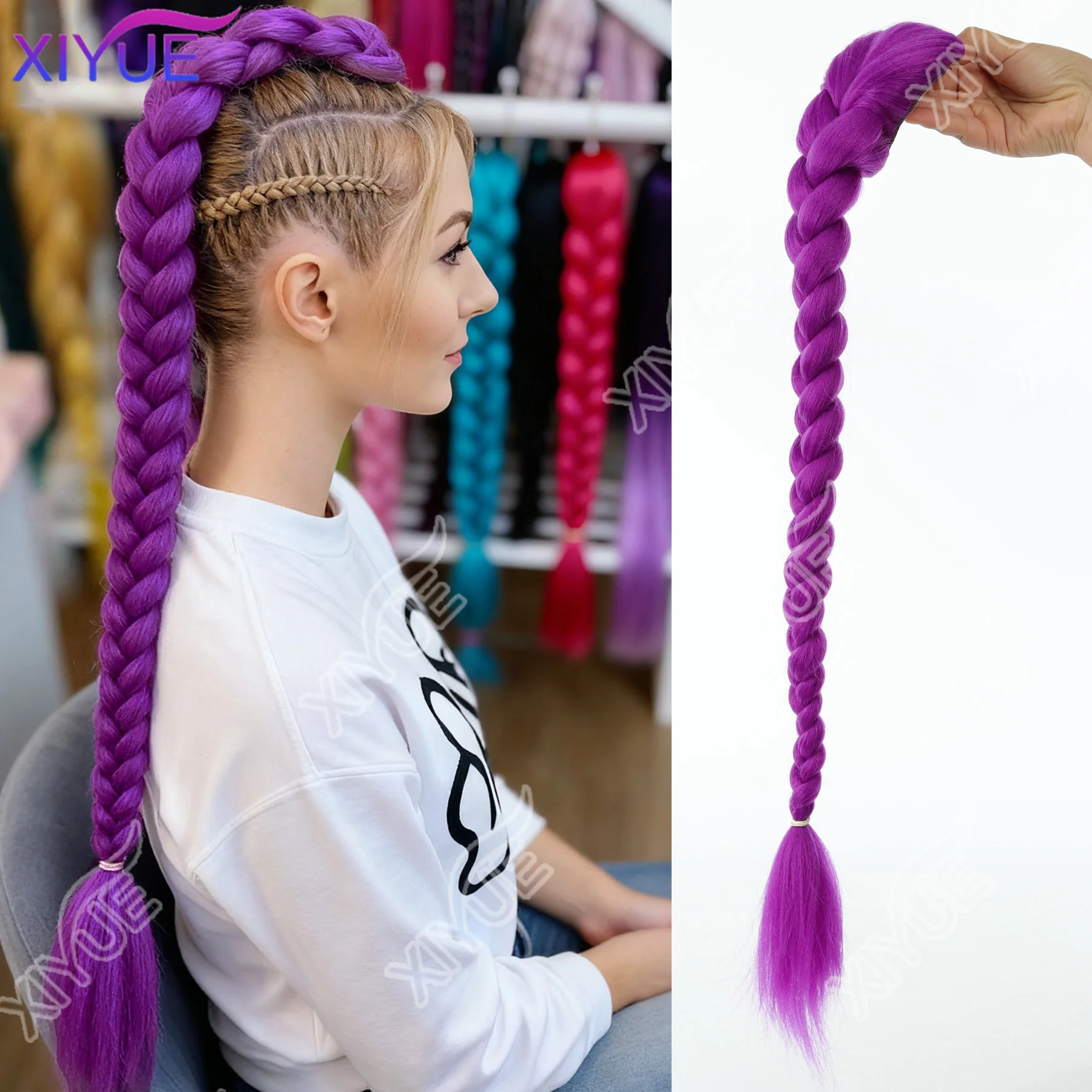 XIYUE Easy Clip in Purple Ponytail Extensions 26 Inch Rumi Long Purple Braids Synthetic Fiber Hair for Cosplay Halloween Costume